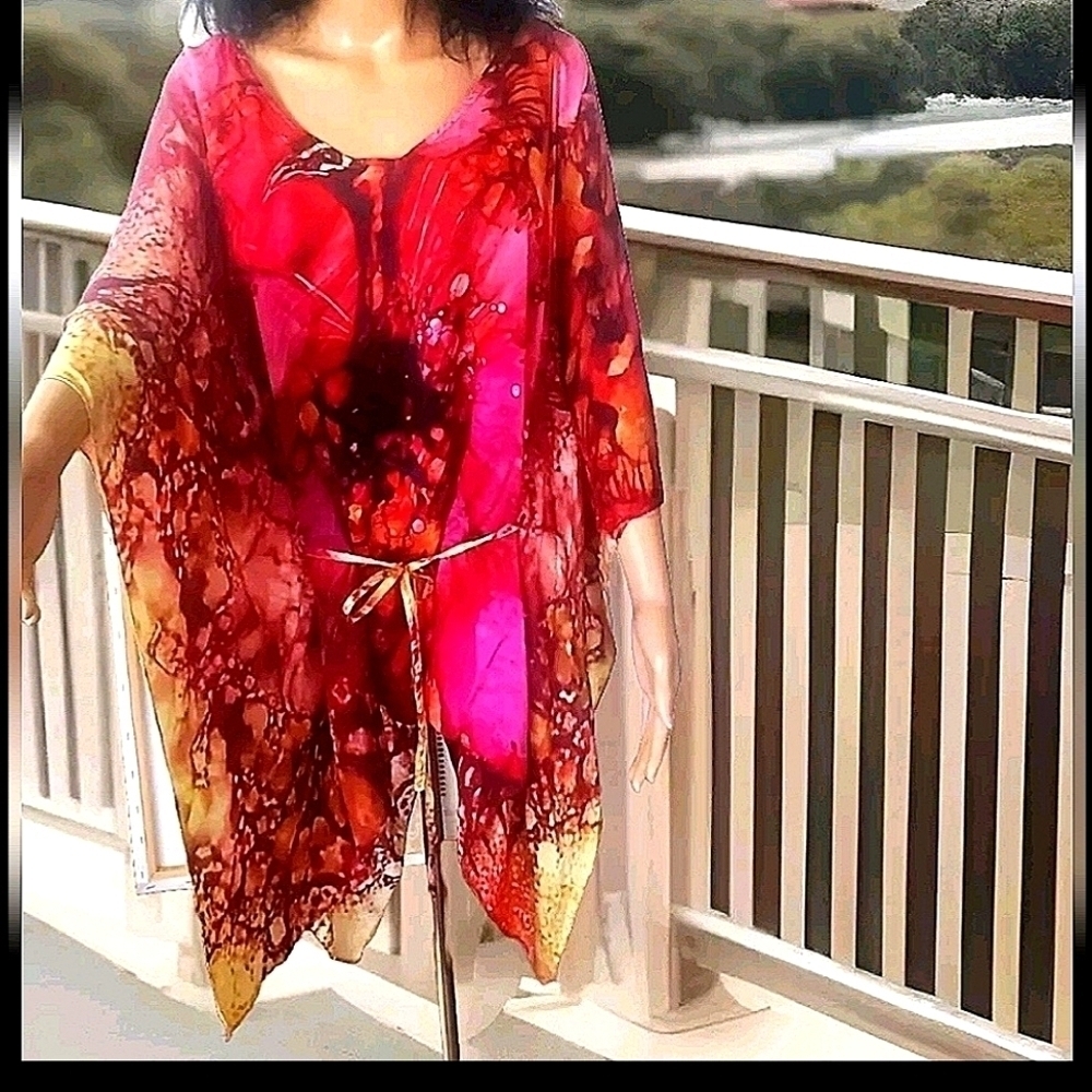Camilla Silk V Neck Peacock Kaftan Top One Size